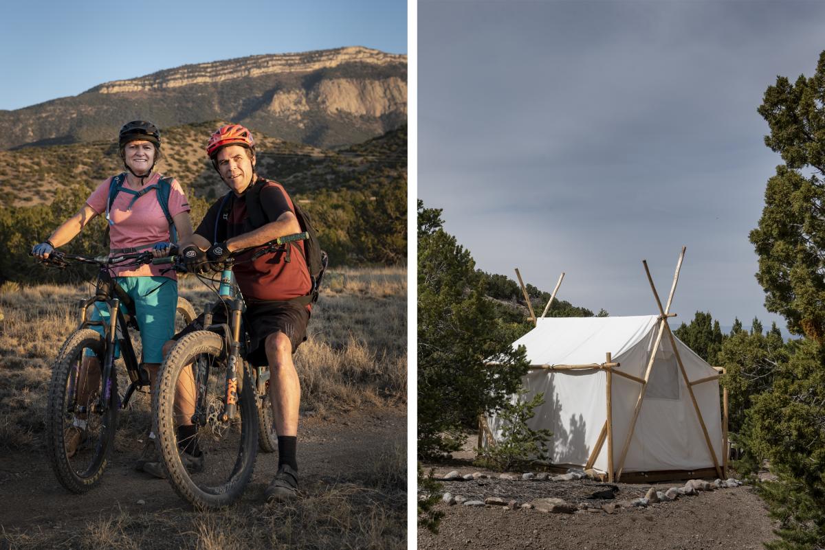 Bikers at one of the Placitas Area Trails (left) and a tent-for-rent at El Campo del Oso (right)