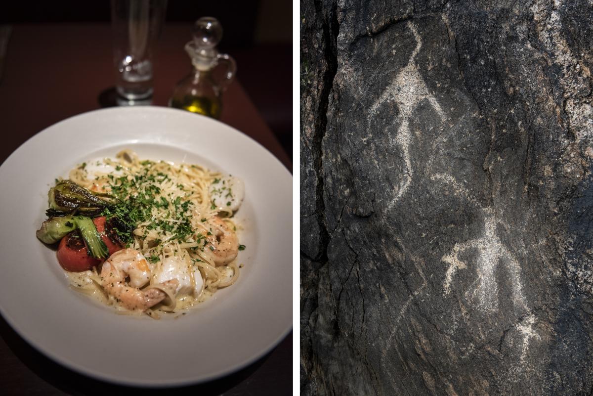 A divine dinner from Blades’ Bistro (left) and two petroglyphs on the Del Agua Trail (right).