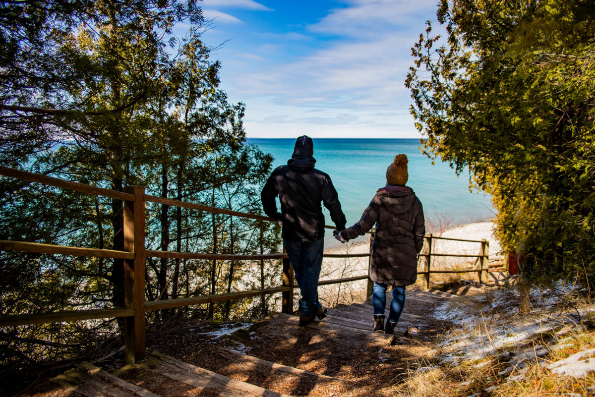 Couple hiking in winter