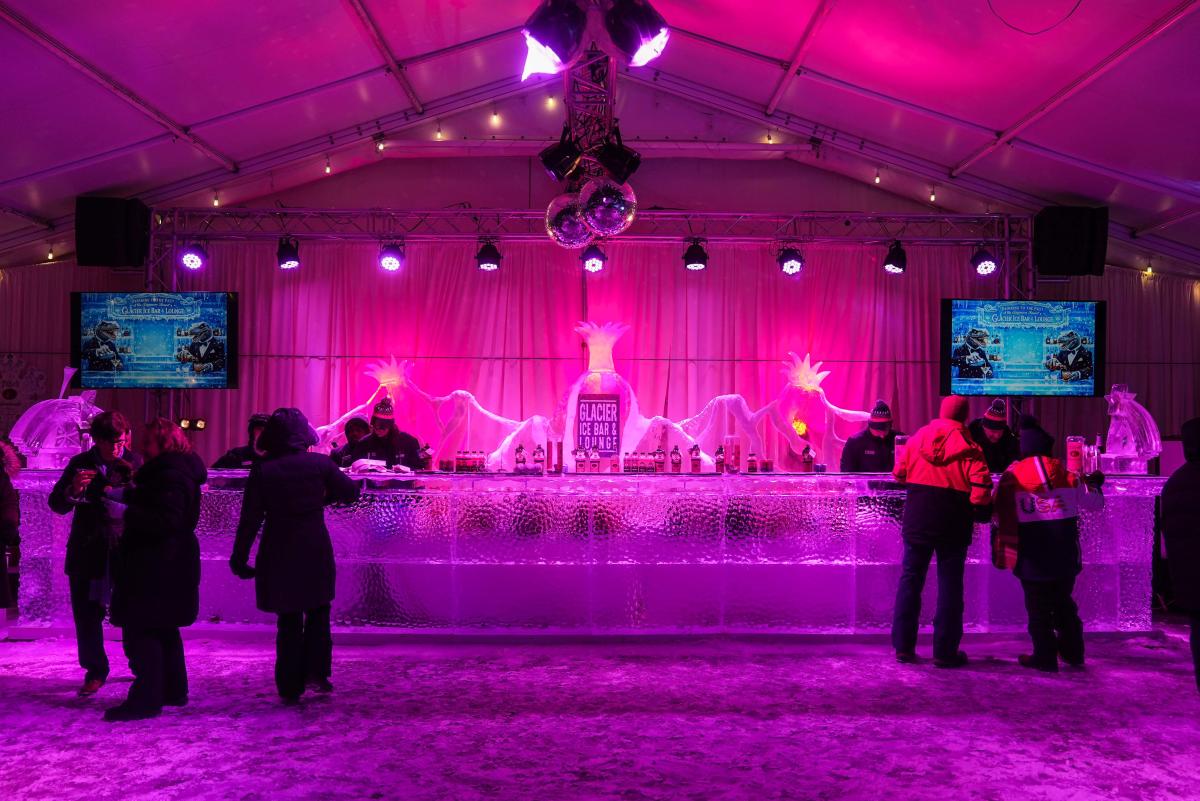 Ice bar with volcanoes sculpted out of ice as the backdrop at Glacier Ice Bar and Lounge