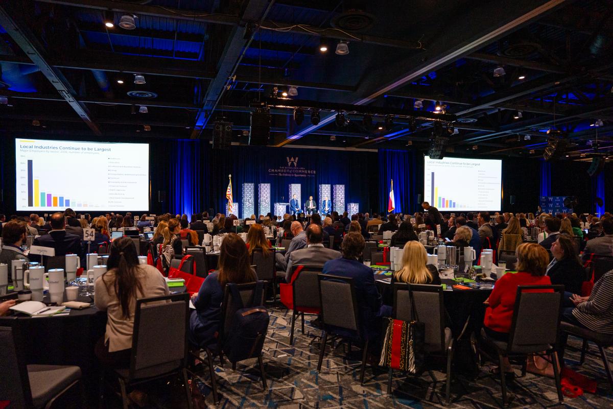 The Woodlands' Chamber of Commerce hosts the 2026 Economic Outlook Conference at The Woodlands Waterway Marriott Hotel ballroom. The room is filled with at least 55 tables, each seating 8-10 people. Three men form a panel onstage, juxtaposed by projection screens with bar charts.