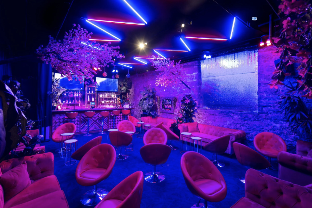 Interior of a dimly lit, tropical themed bar.