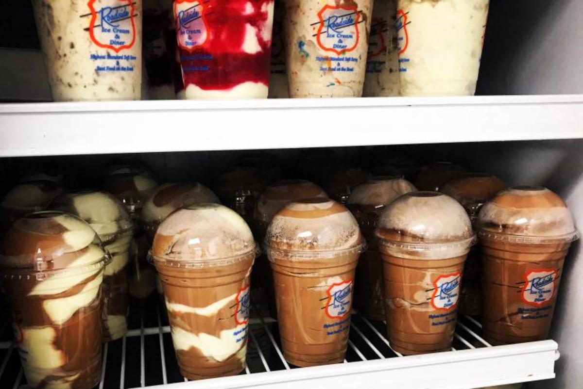 A freezer full of ice cream cups at Roadside Ice Cream & Diner