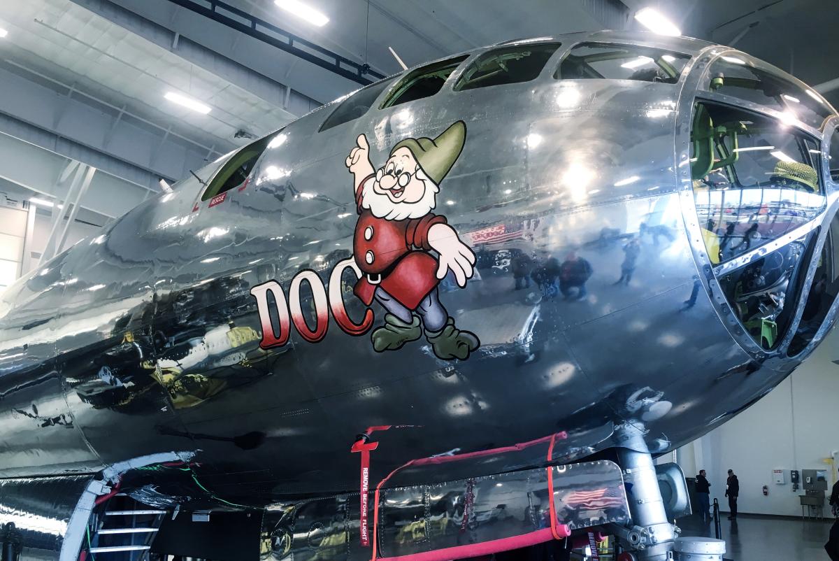 The B-29 Doc Superfortress sits in its hangar in Wichita