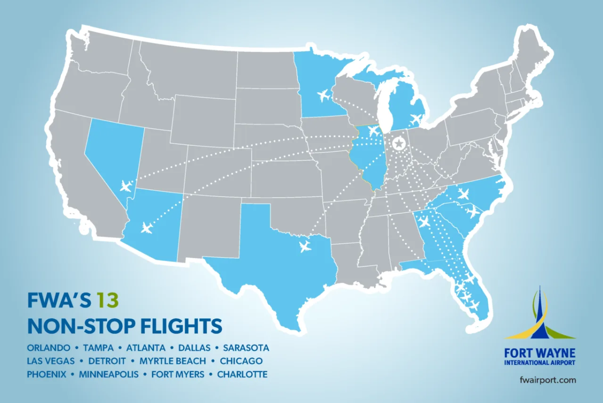 Map of United States showing which cities Fort Wayne Airport flies to. Orlando, Tampa, Atlanta, Dallas, Sarasota, Las Vegas, Detroit, Myrtle Beach, Chicago, Phoenix, Minneapolis, Fort Myers, Charlotte