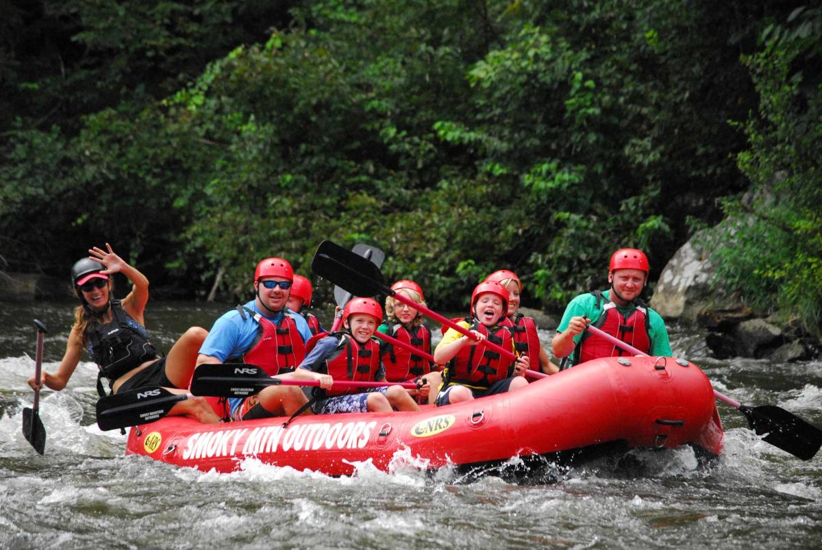 A group takes on the waves during a white-water rafting trip near Gatlinburg, TN.