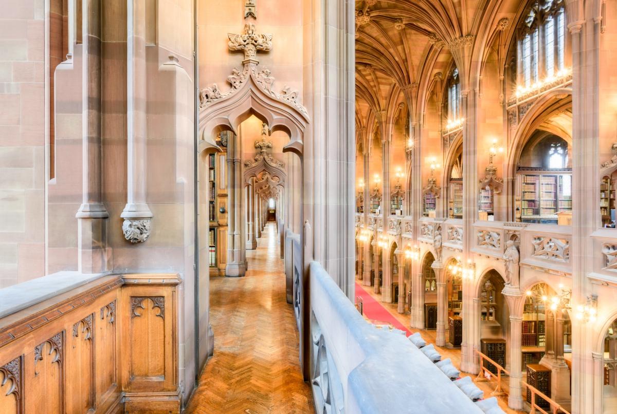 Gothic library with arches and columns
