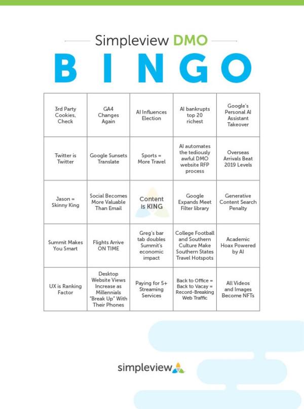 A bingo card filled with 25 predictions for destination marketers in 2024