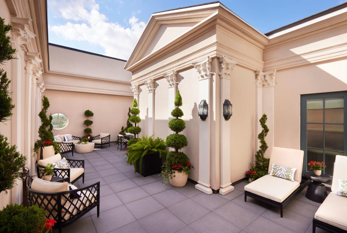 The palatial private patio of the 2,200-square-foot Presidential Suite at The Chateau at Nemacolin.