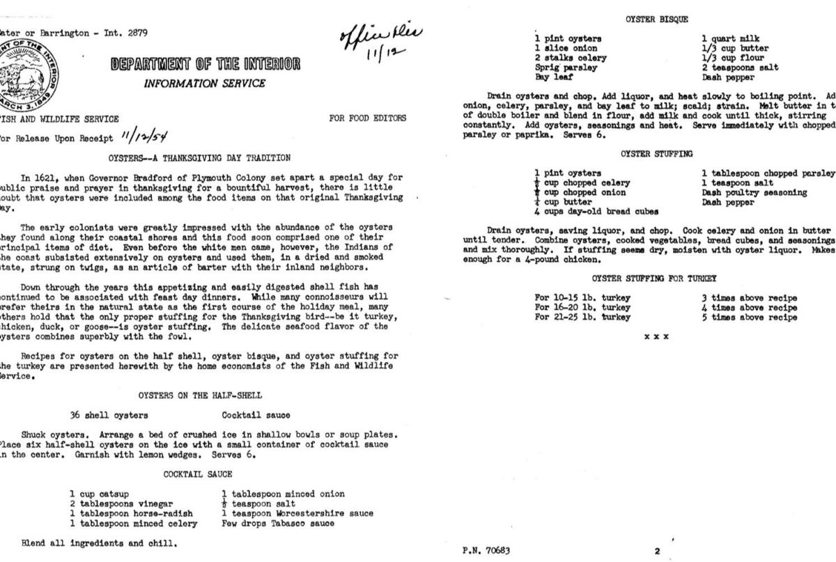 Dept. Interior Thanksgiving Oysters