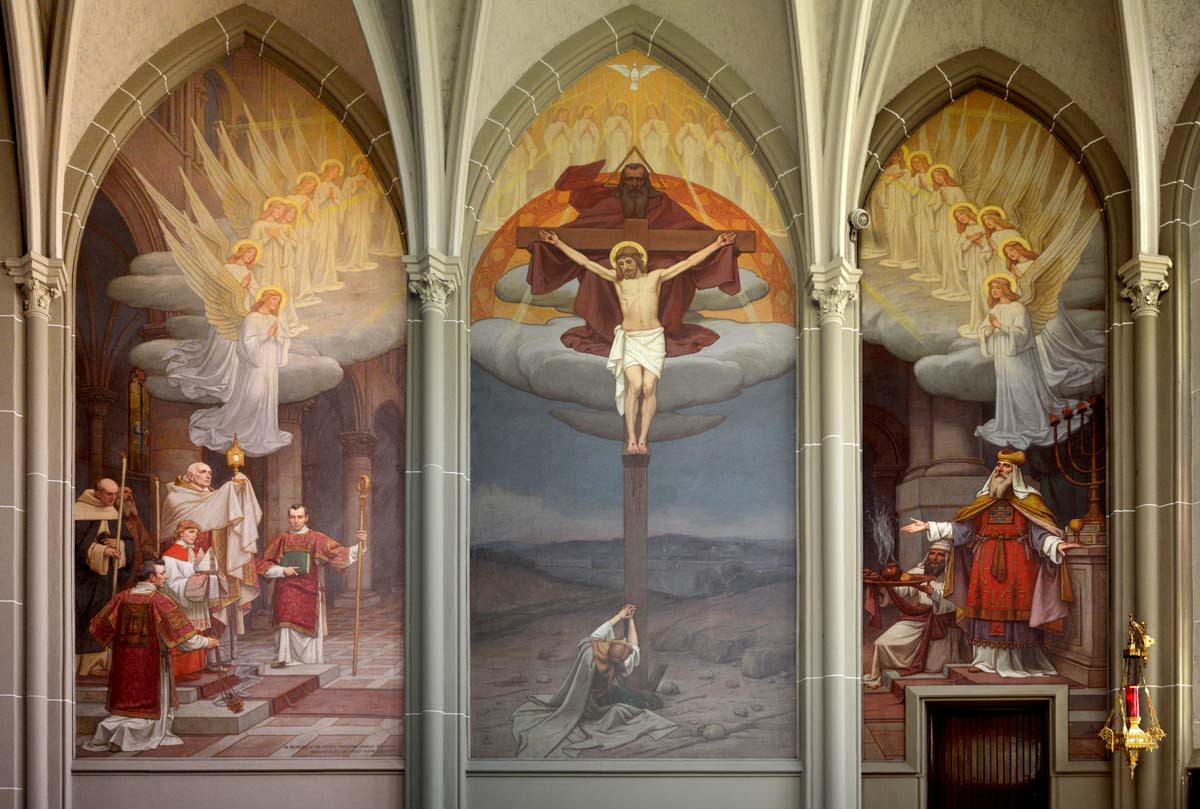 A triptych painting of the mysteries of the Eucharist by Frank Duveneck