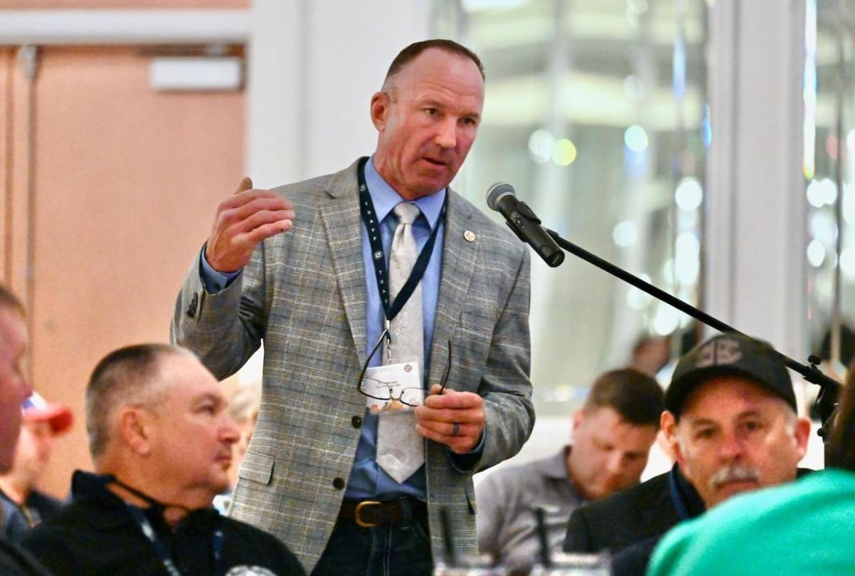 Eric Secrest, President of The Woodlands Firefighters Association, speaking at the Texas State Association of Firefighters Biennial Convention in El Paso, July 2023