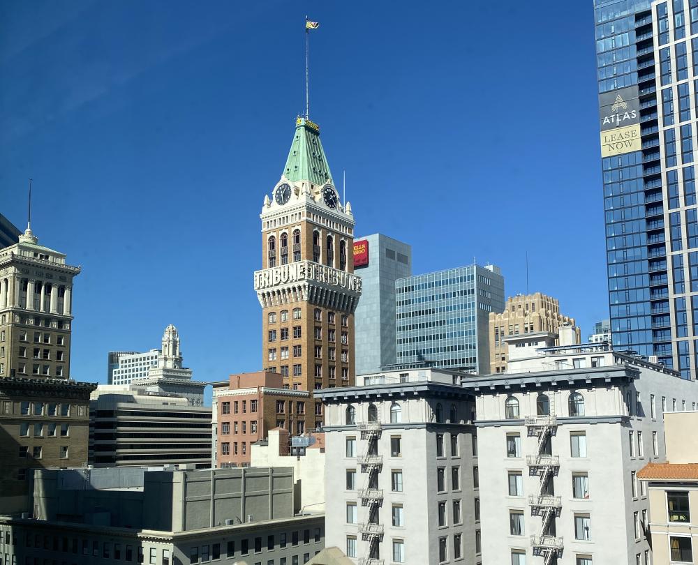 View of Tribune Tower view from the Hampton Inn in Oakland CA