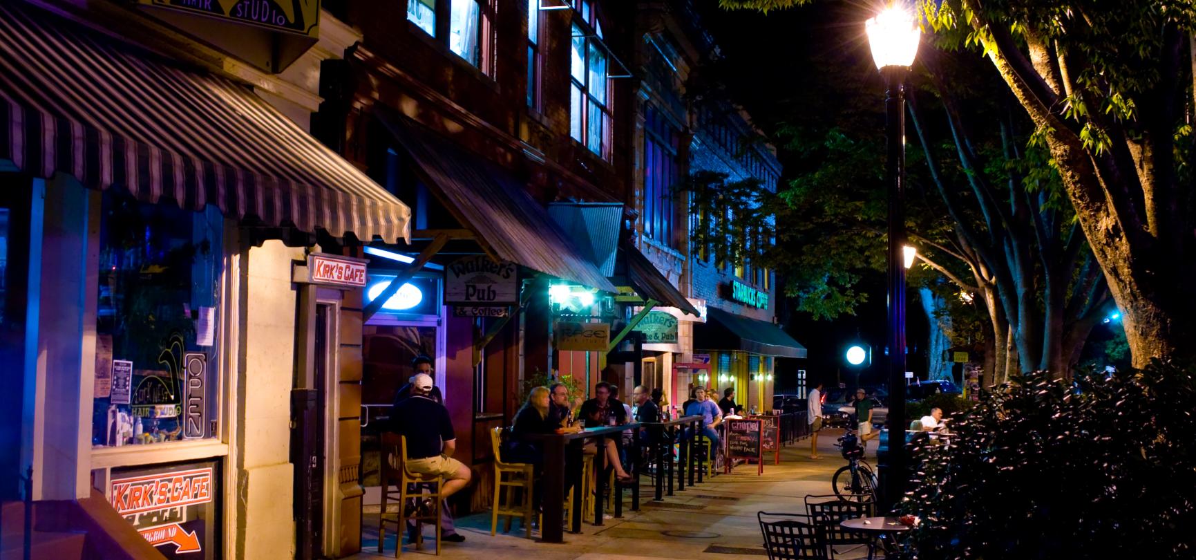 Downtown Athens Georgia nightlife district showing bars and restaurants along the street