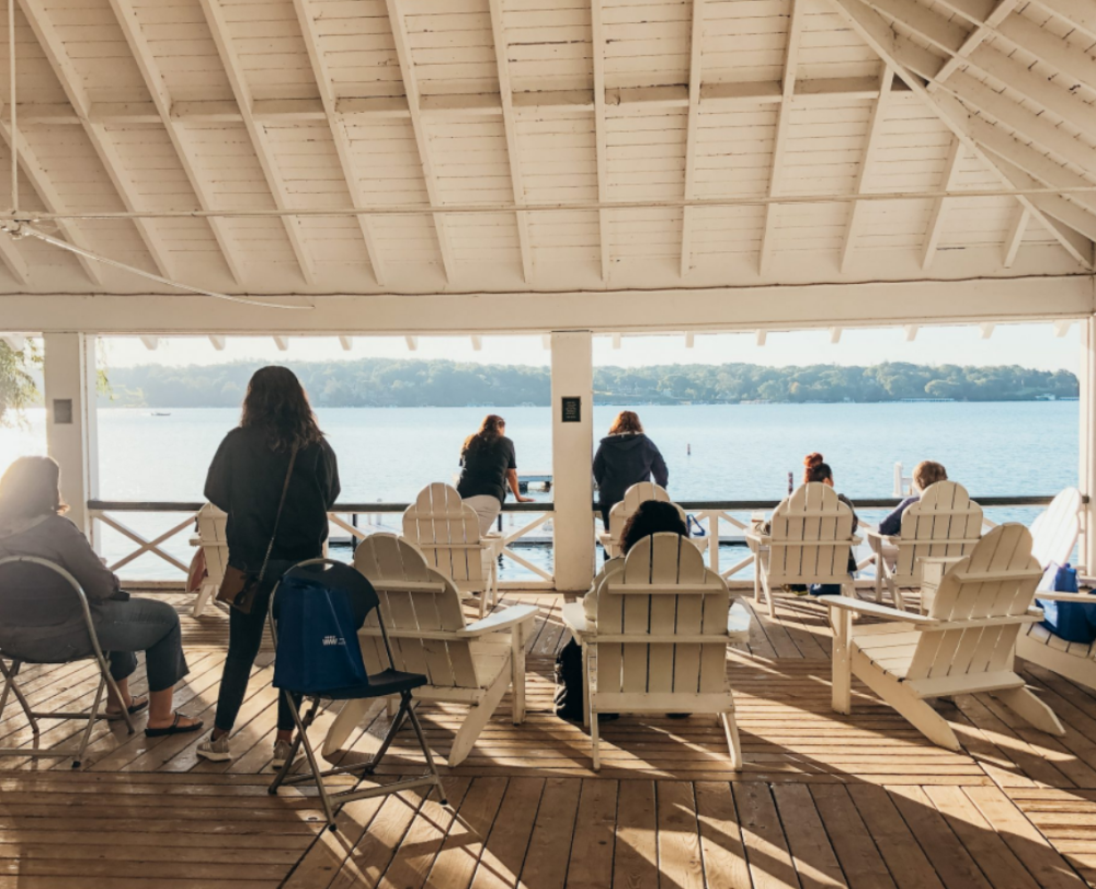 People in the boat house at Covenant Harbor