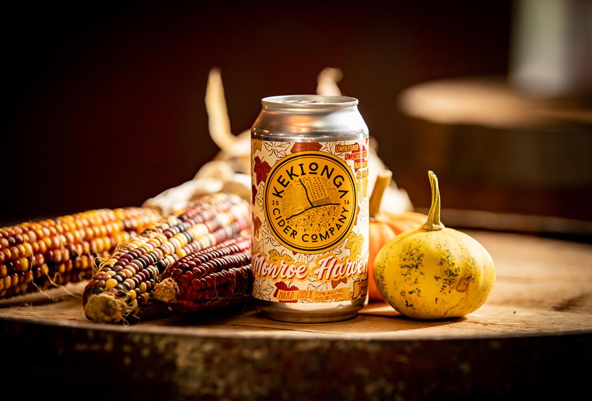 A can of Monroe Harvest Hard Cider at Kekionga Cider Company in Fort Wayne