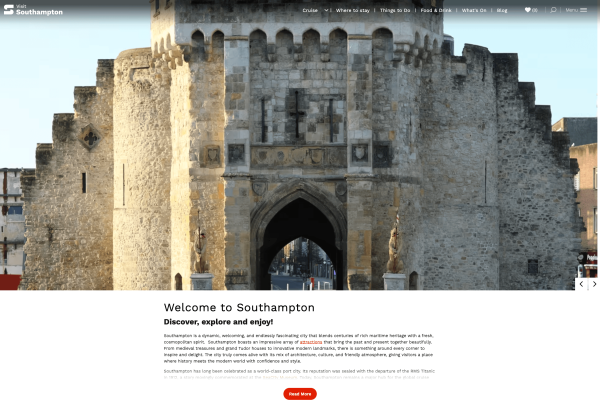 A screenshot of the Visit Southampton homepage.