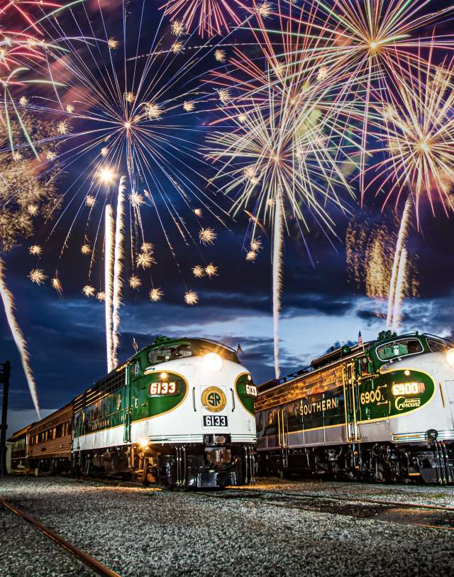Fireworks over two train engines at the N.C. Transportation Museum