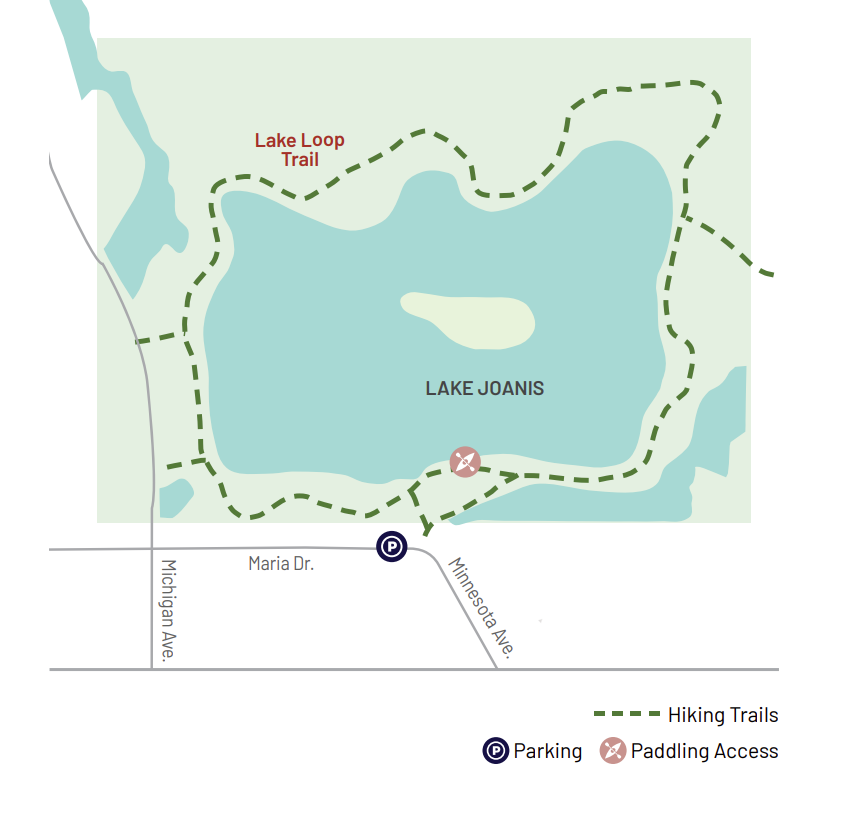 A roundtrip paddle map of Lake Joanis in Schmeeckle Reserve.