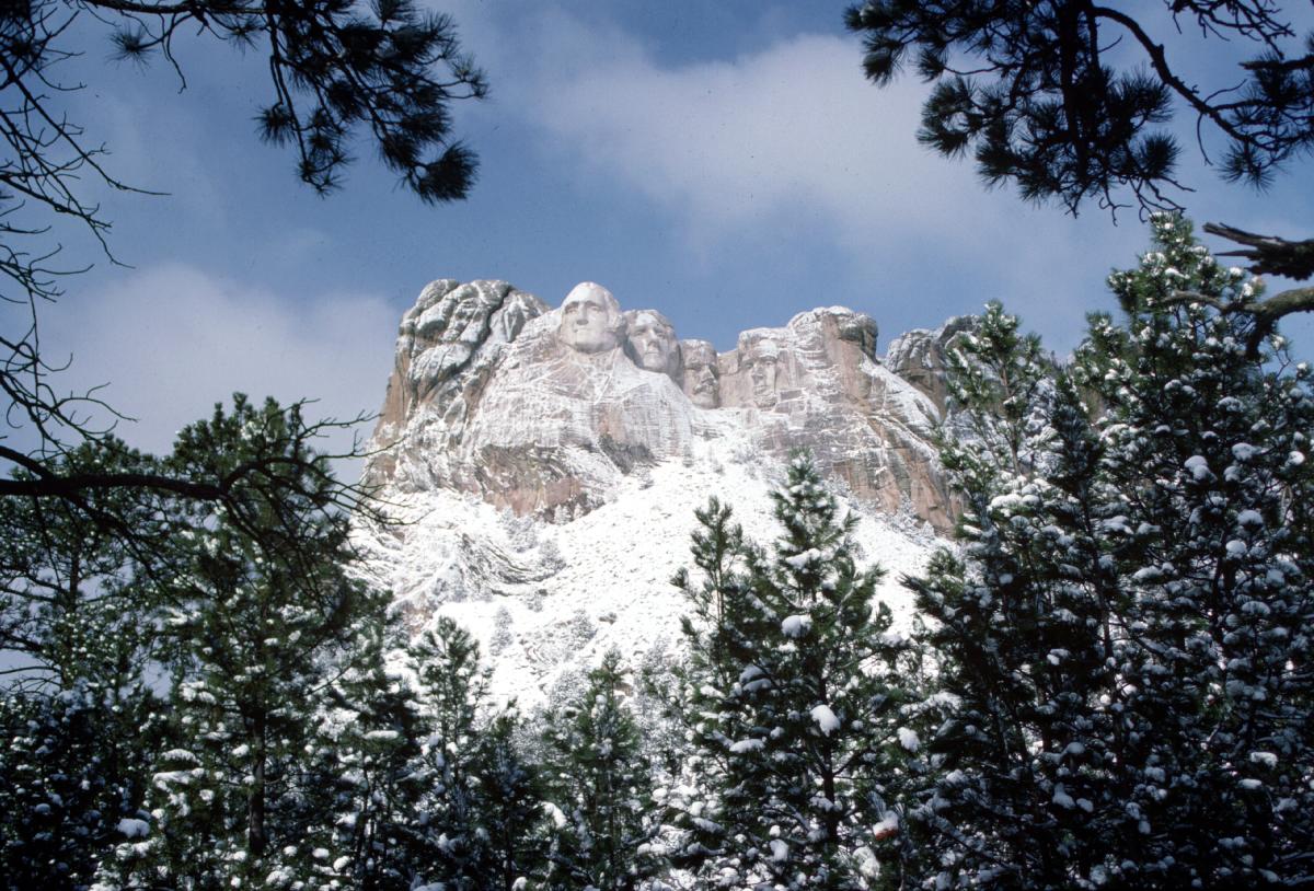 Snow-covered Mount Rushmore is framed by pine trees under a blue sky. The carved faces stand out amid the white, creating a serene winter scene.