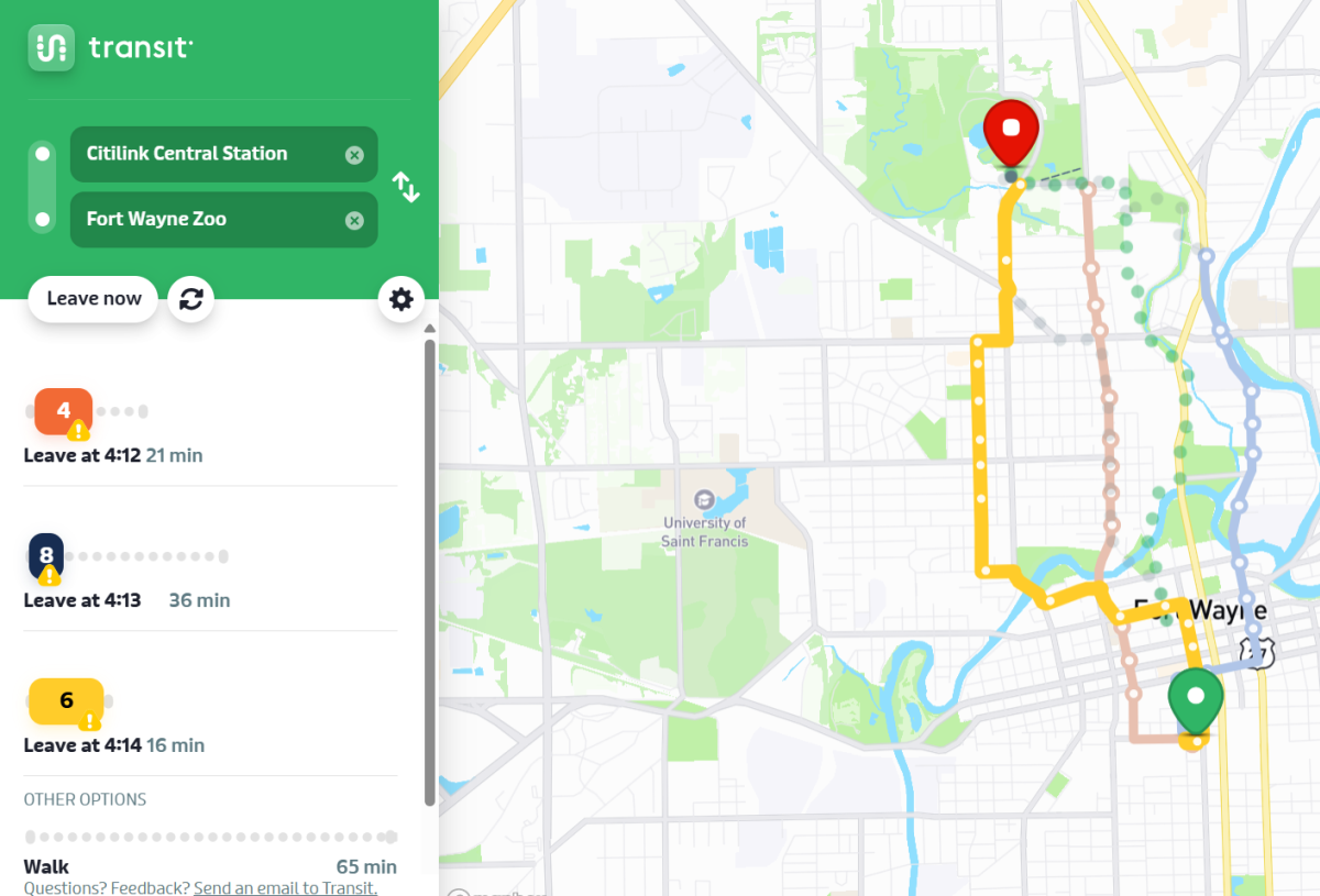 Example of planning a trip from the Citilink Station to the Fort Wayne Zoo using the Transit App.