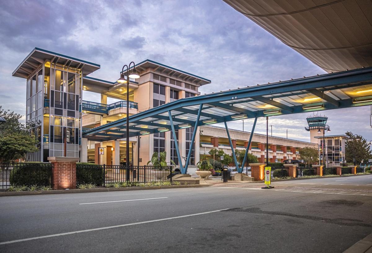Exterior of airport with walkway awning