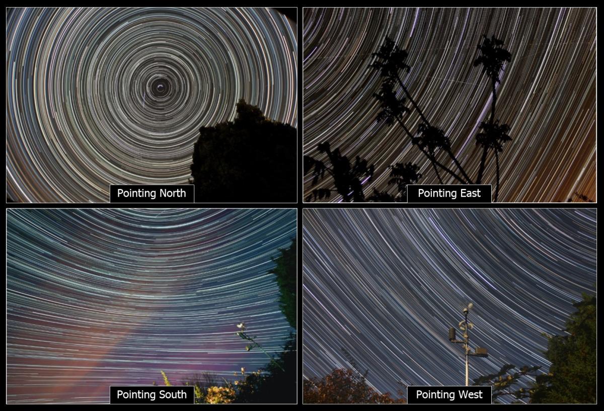 12 hour star trail collage showing views from north, south, east, west