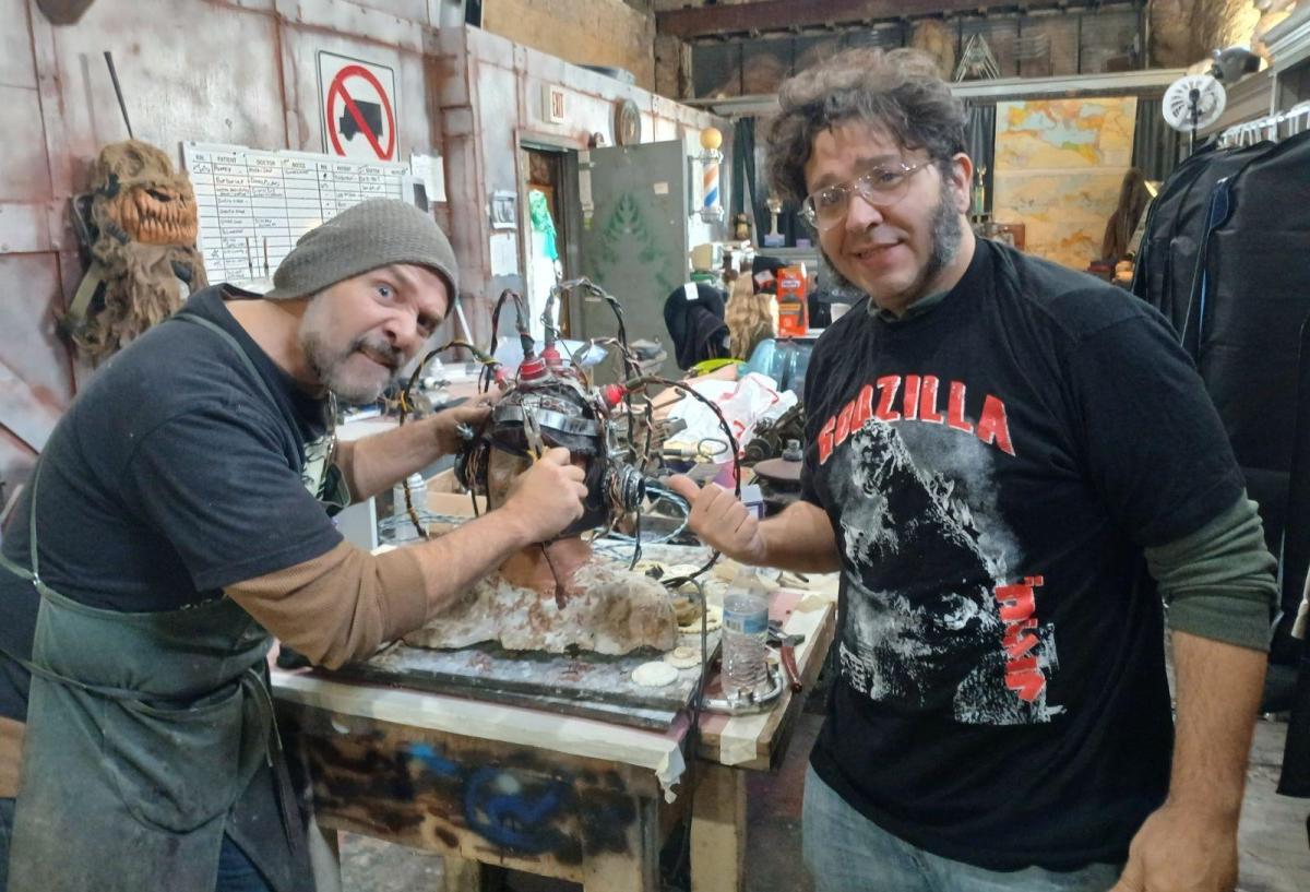 Brothers Shane and Shawn Ronzio work on a prop for "The Abomination of Frankenstein," which is being filmed in Bownsville.