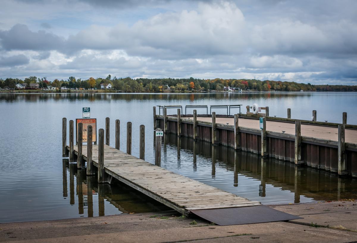 A wooden boat lunch dock in Big Bay, MI