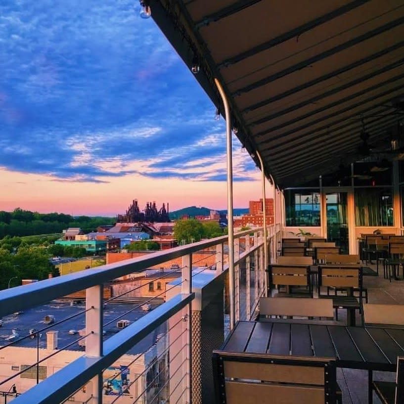 Rooftop at Zest bar+grille with view of Bethlehem SteelStacks
