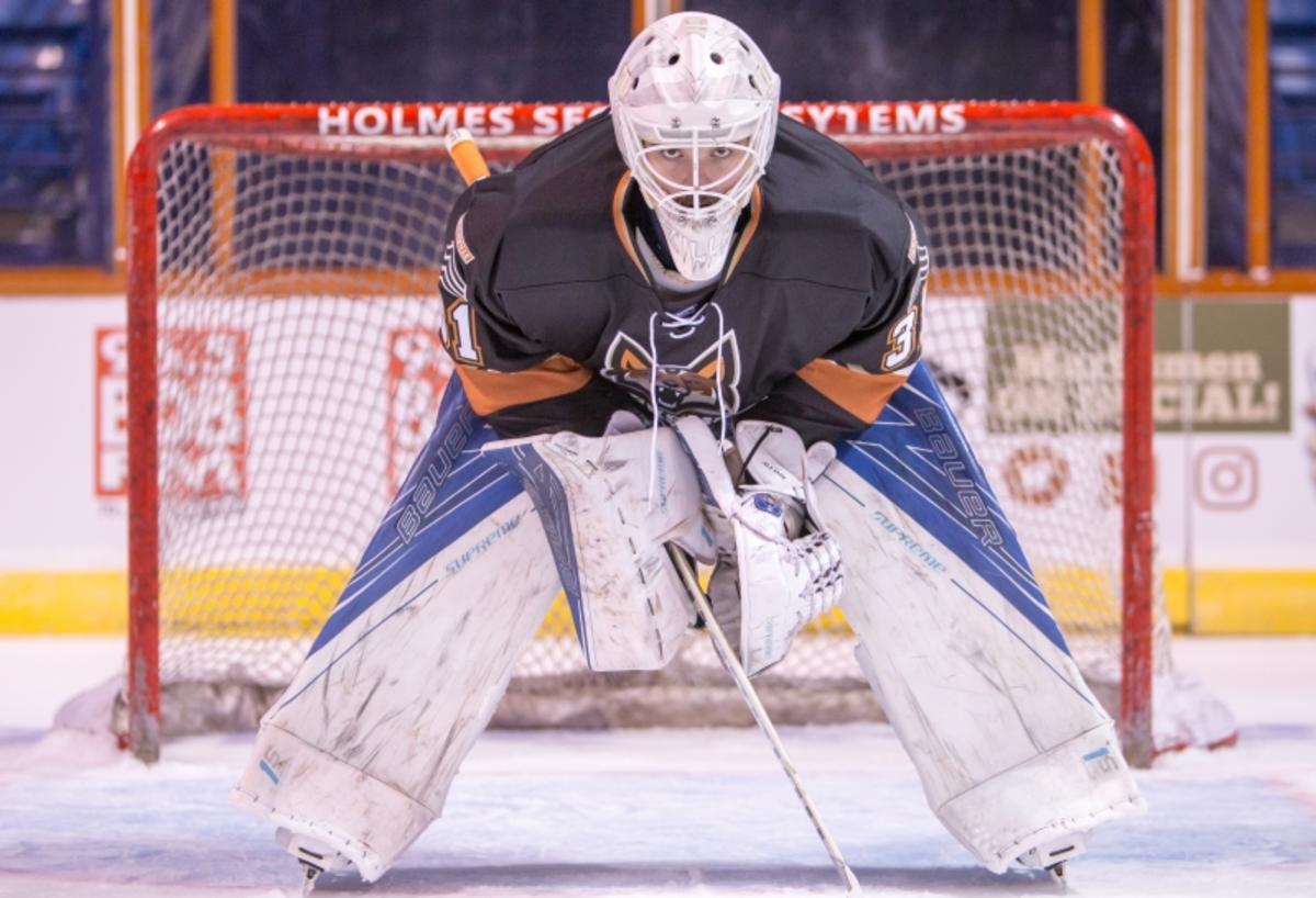 Fayetteville Marksmen hockey goalie protecting goal