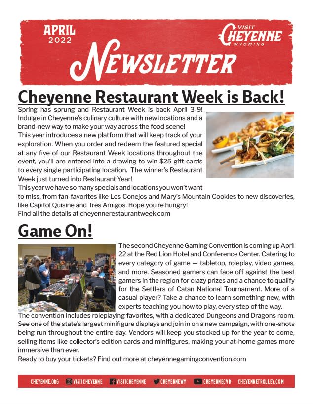 Page 1 of the Visit Cheyenne April 2022 Newsletter