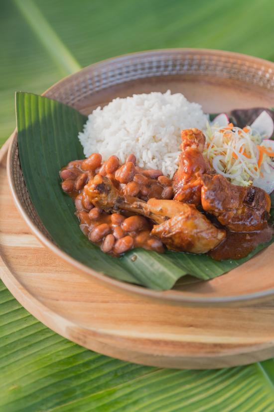 Beans, rice, chicken. food