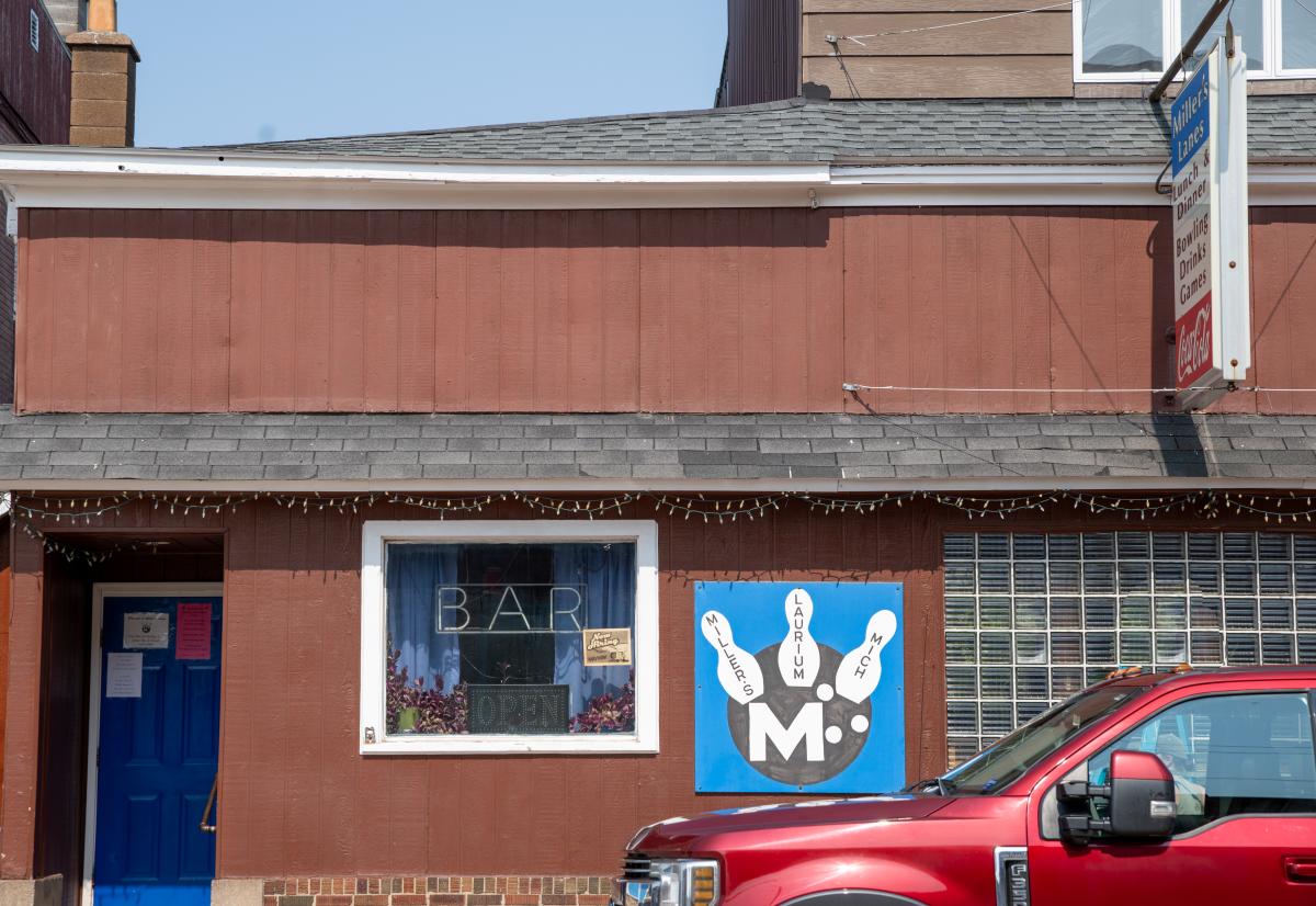 the exterior of a local bowling alley