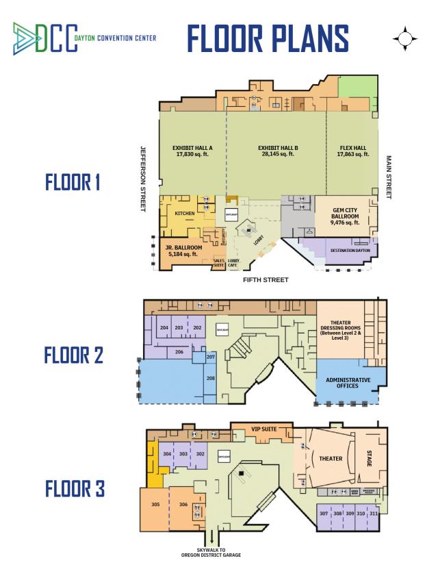 Illustrations showing the floor plans for the Dayton Convention Center