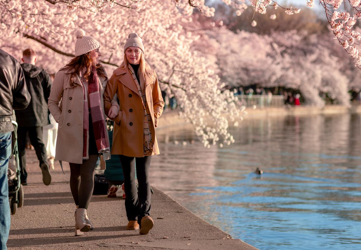 Two girls walking along the tidal basin.
