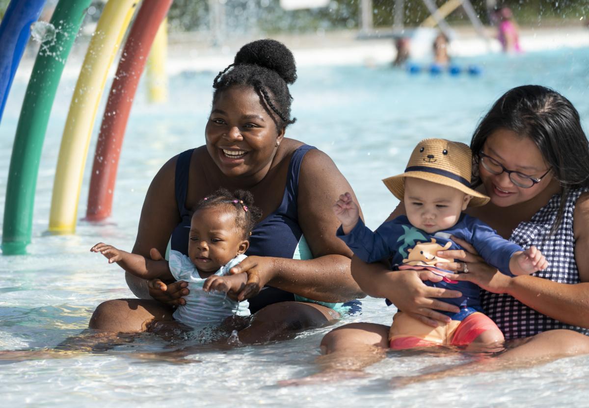 Women and kids on a pool