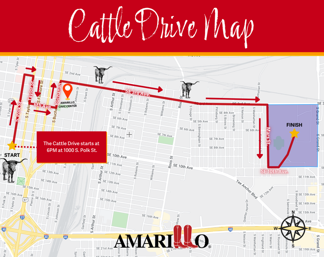 Map showing the route for the Amarillo Coors Cowboy Club Cattle Drive. It heads north on Polk and turns right on 3rd. It turns right again on to Taylor, past the old Potter County Courthouse. It will turn left on 6th and left again onto Buchanan. The drive follows Buchanan to 3rd and turns right on 3rd towards the Tri-State Fairgrounds. At the intersection with Marrs, the drive will turn right for a couple of blocks and then turn left on 10th to head into the fairgrounds under the lighted arch.