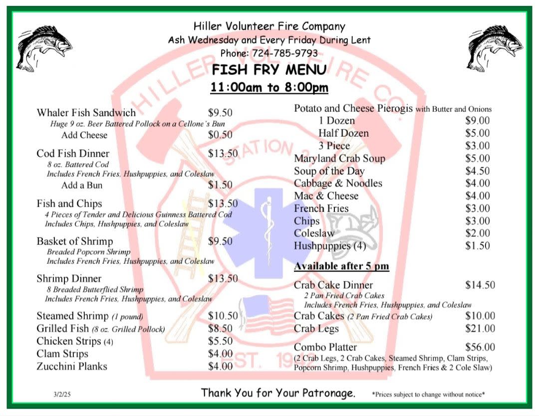 Hiller Volunteer Fire Company offers a huge Lenten menu.