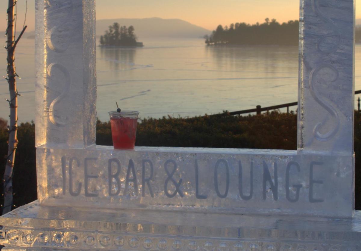 cocktail on the Glacier ice bar with Lake George in the background