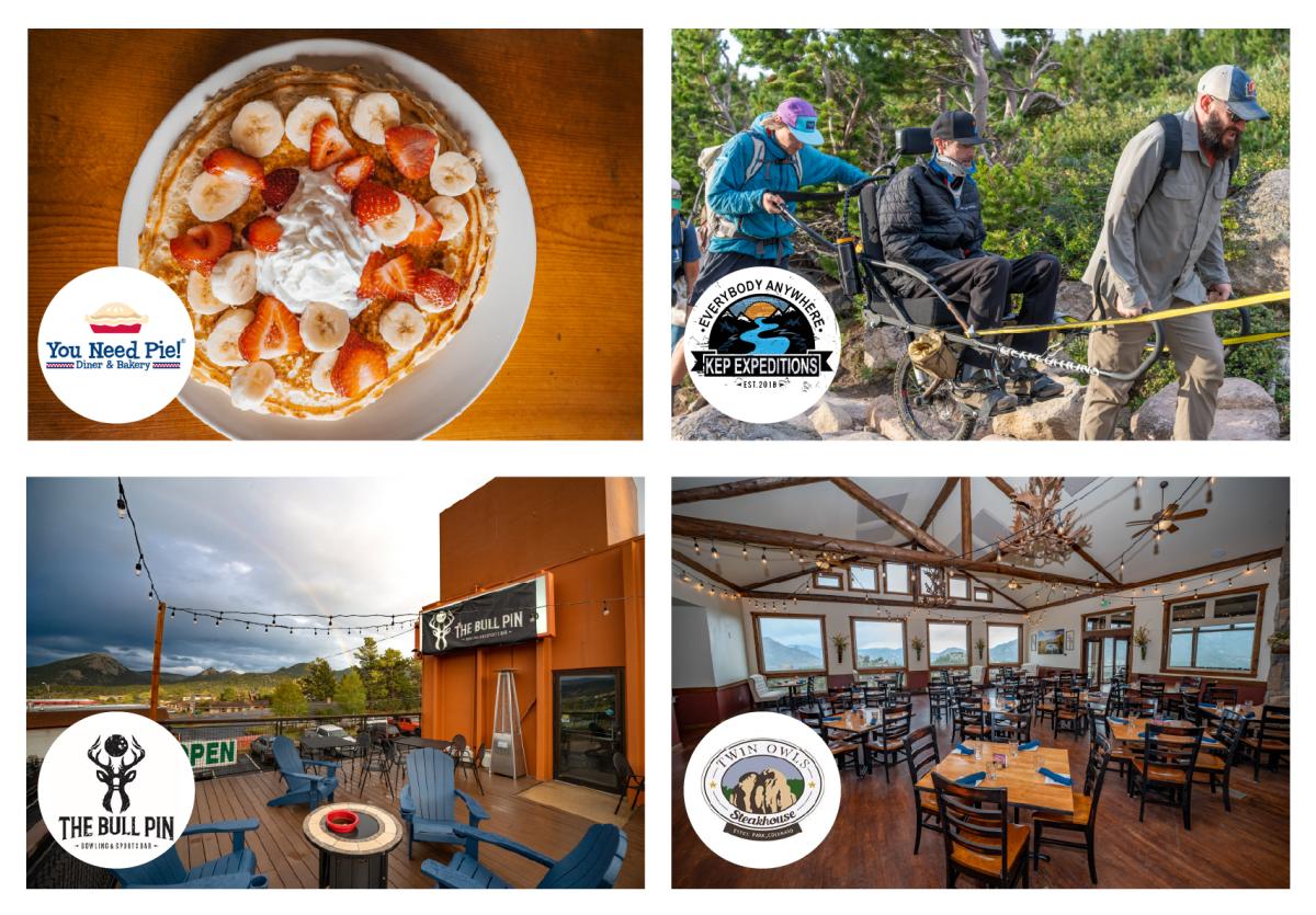 Estes Park establishments that provide accessible travel for people with disabilities. The companies in the images are, You Need Pie, KEP Expeditions, The Bull Pin, Twin Owls