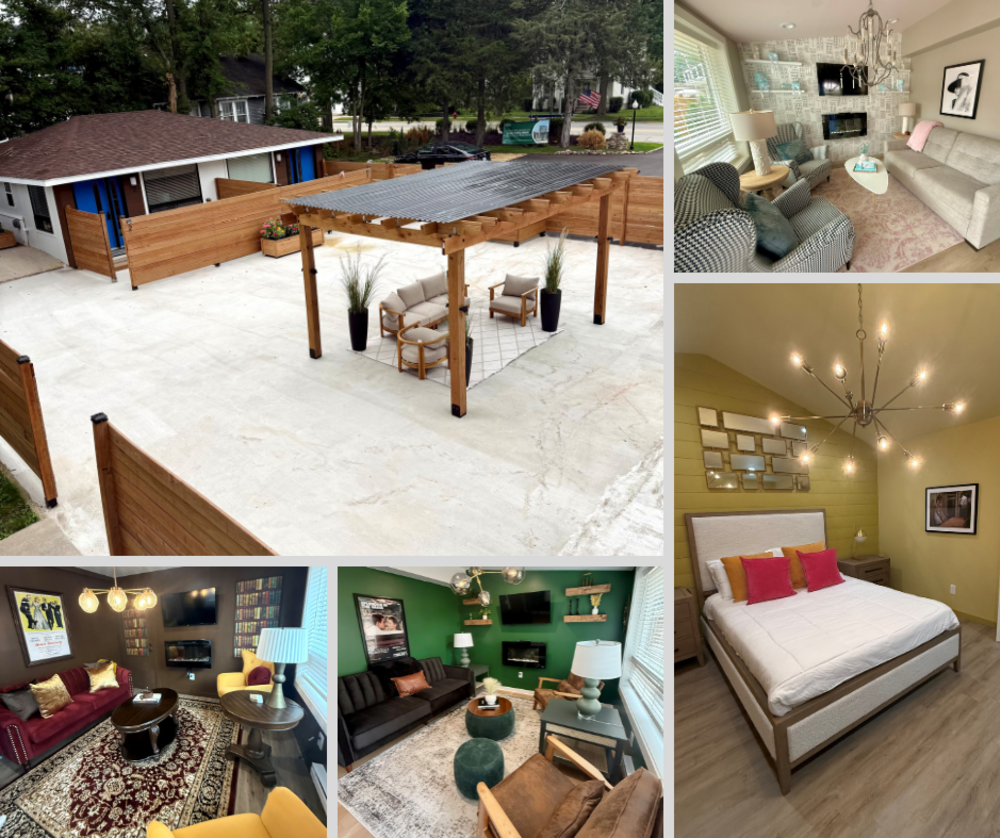 Collage of photos of the rooms and outdoor space at The American Hotel in Williams Bay.