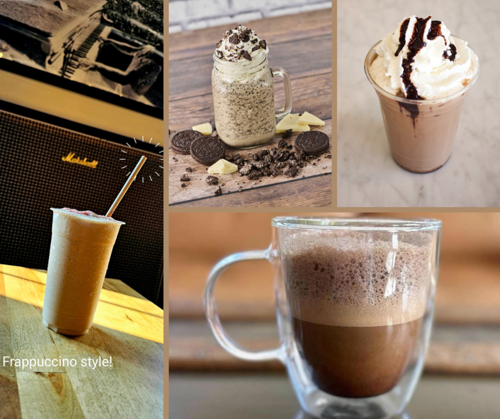Collage of photos of chocolate drinks from local coffee shops