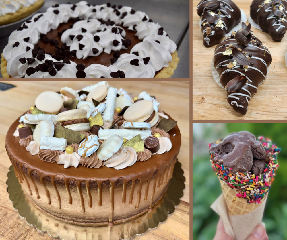 Collage of photos of chocolate desserts and ice cream