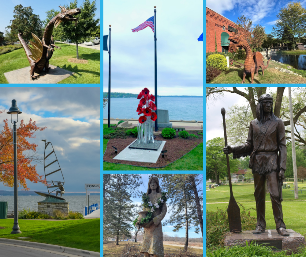 Collage of statues around Geneva Lake