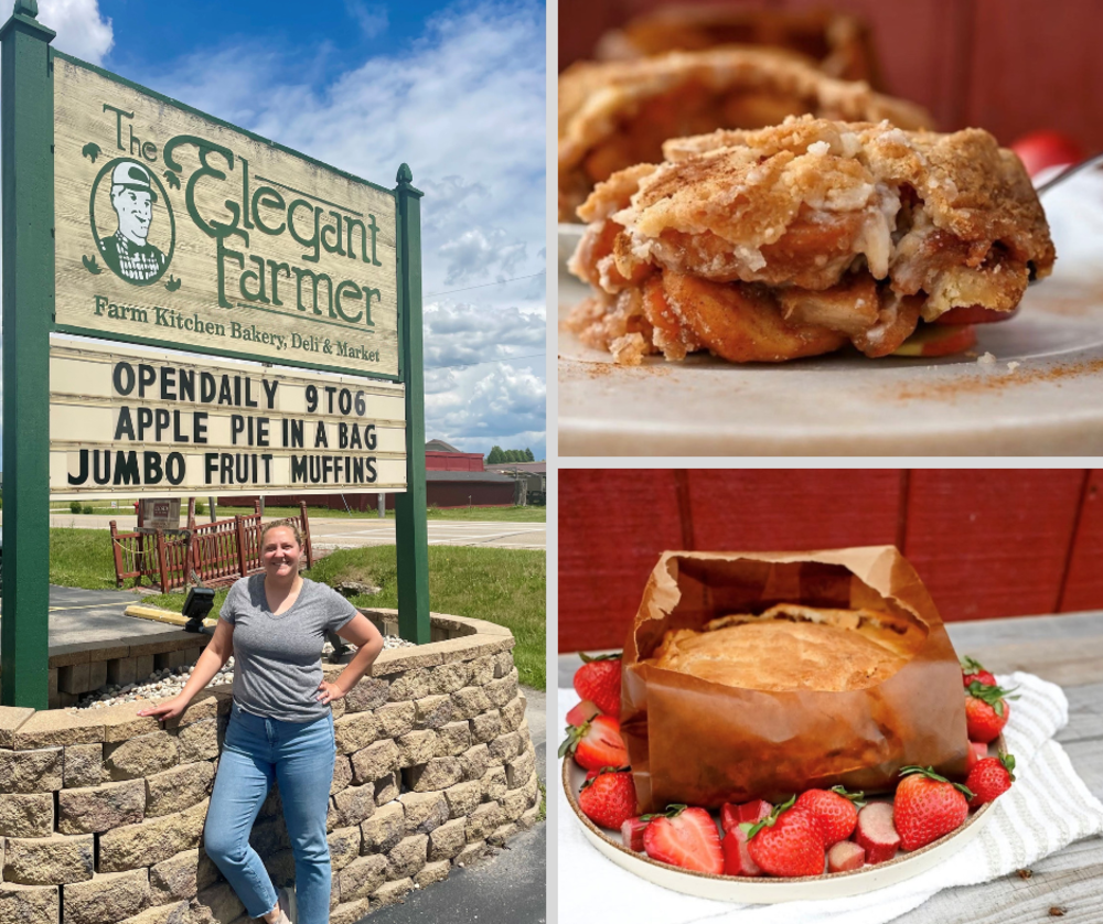 Collage of images from the Elegant Farmer in Mukwonago. The owner by the sign and some pie.