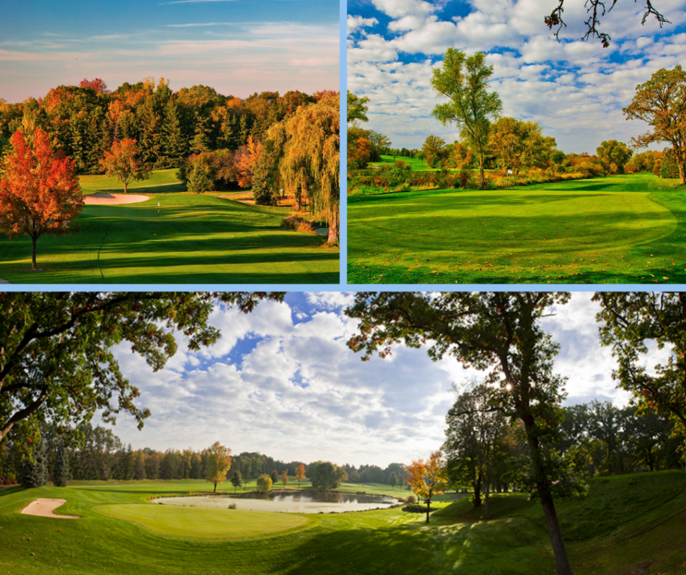 Collage of photos of different holes at Evergreen Golf Course.