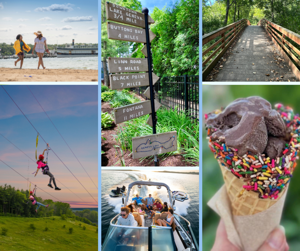 Collage of pictures of activities families can do in Lake Geneva.
