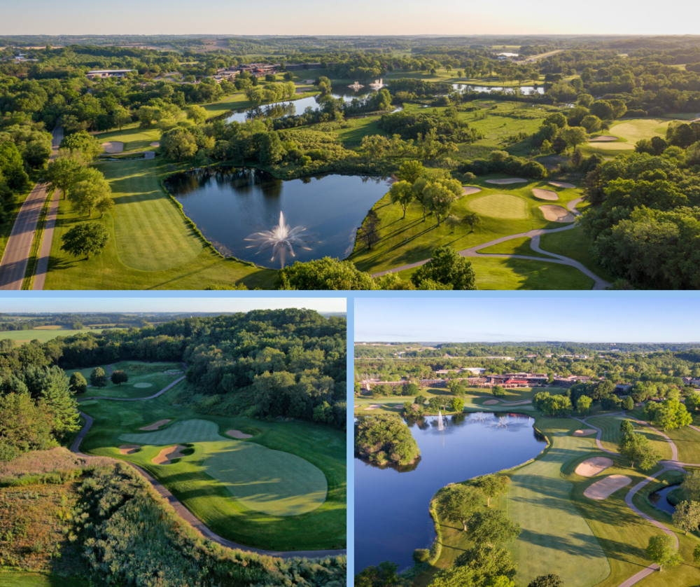 Collage of photos of three different holes on the golf courses at the Grand Geneva Resort.