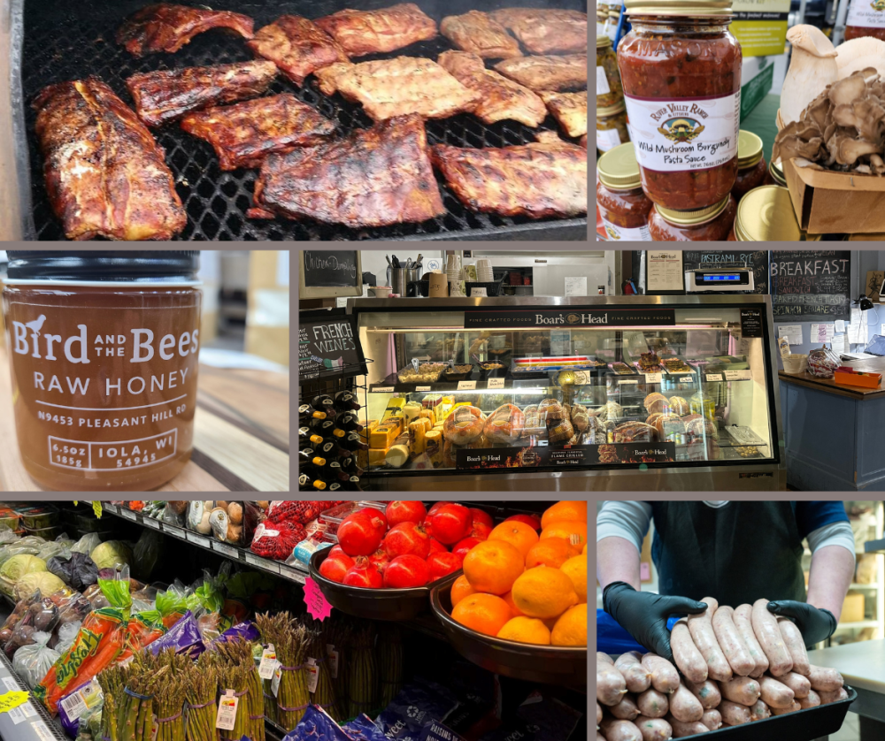 Collage of items you can purchase in local food shops for your grilling party.